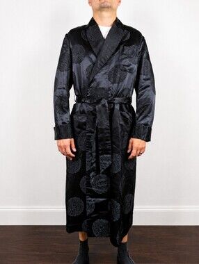 Rare Vintage 1950's Mark Cross Black Silk Jacquard Smoking Robe Hong Kong Luxe L